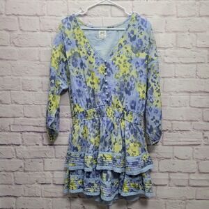 Aerie Rock n Ruffle Animal Print Mini Dress Size L Blue Green Long Sleeve V-Neck